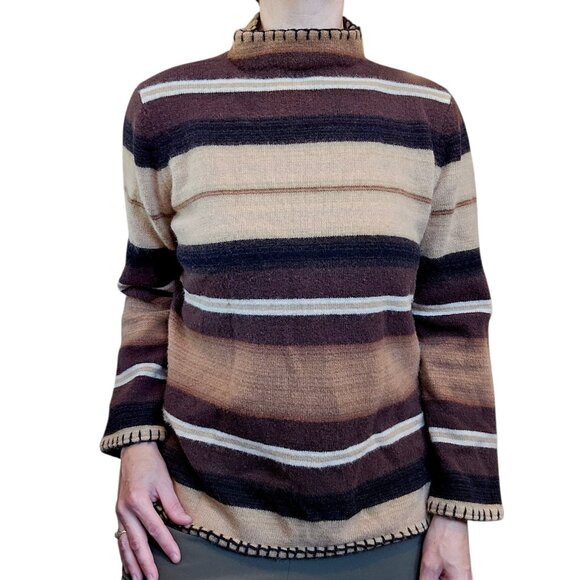 VTG Ralph Lauren Sweater Womens Sz M PETITE Turtleneck Wool Brown Black Striped - Picture 1 of 9